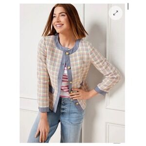 Talbots Denim Trim Lovely Tweed Plaid Collarless Blazer Gold Button Women 14